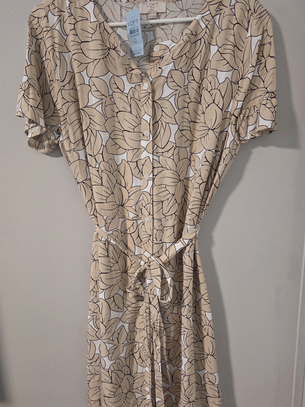 LOFT Beige Floral Button-Front Midi Dress with Tie Waist